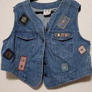 Liz Claiborne Denim Vest with Colorful Patches